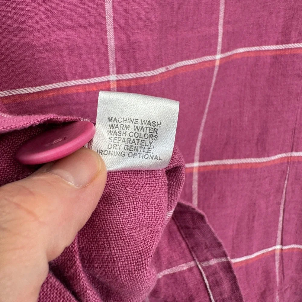 Flax Button Front Jacket Womens Small Pink Windowpane Plaid 100% Linen Boxy